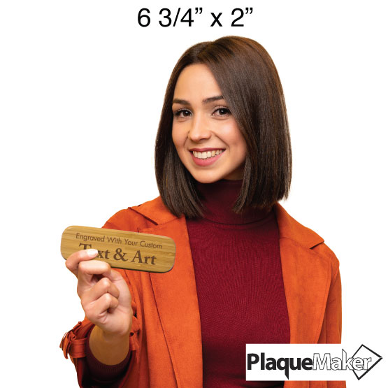 Size Guide With Happy Woman Holding Custom Bamboo Pen Case With Sample Engravings To Show Customizable Areas