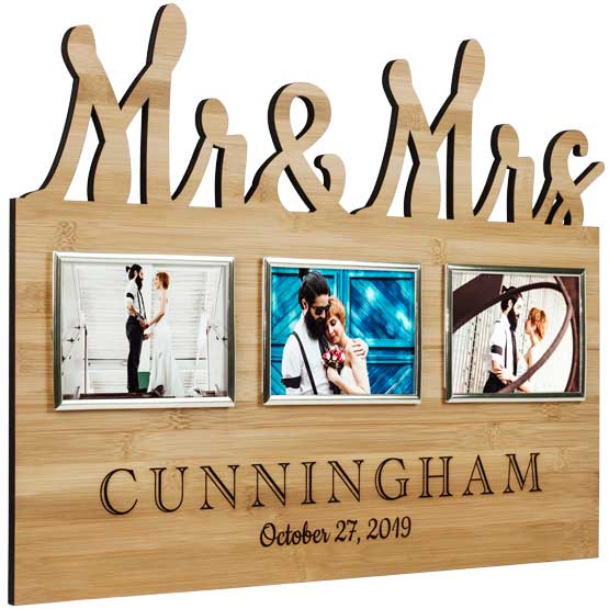 Custom Bamboo Sign With Married Titles Cutout And Three Picture Frames And Laser Engraved With Family Name And Date