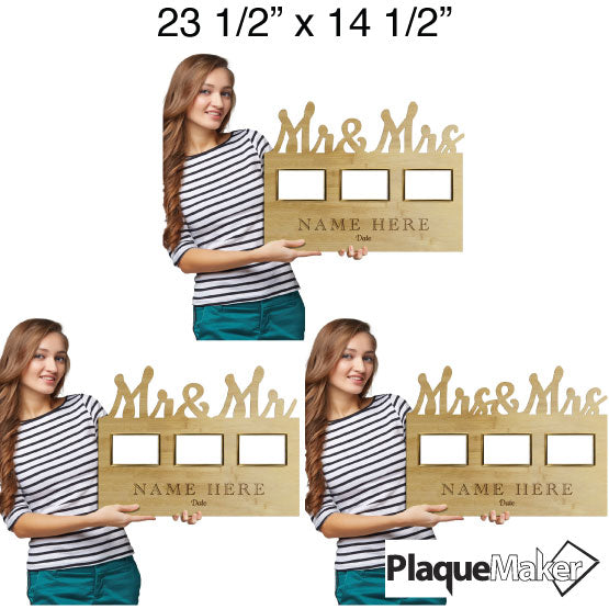 Size Guide With Woman Holding Bamboo Signs With Married Title Cutout Options And Three Picture Frames And Customizable Area