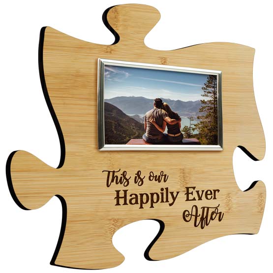 Custom Puzzle Piece Bamboo Sign With Silver Picture Frame And Couple Photo And Engraved With Happily Ever After Message