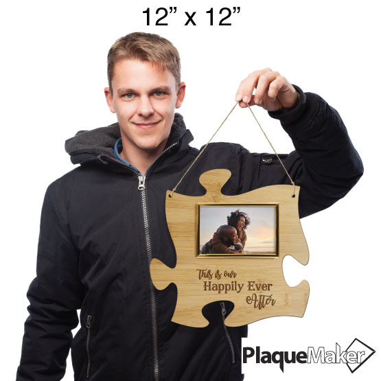 Size Guide With Young Man Holding Puzzle Piece Bamboo Sign With Picture Frame And Couple Photo And Happily Ever After Text