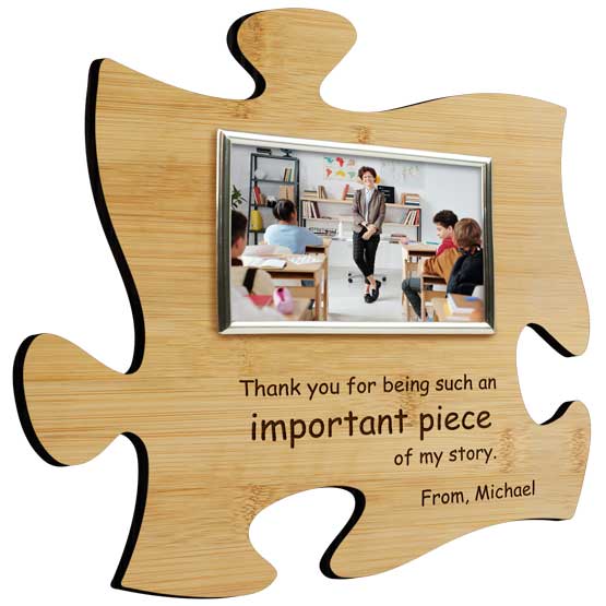 Custom Puzzle Piece Bamboo Sign With Silver Picture Frame And Teacher Photo And Teacher Appreciation Message And Name