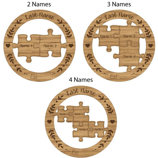 Three Custom Bamboo Signs With Puzzle Piece Cutouts Inside A Circle And Showing Options For Two Or Three Or Four Names