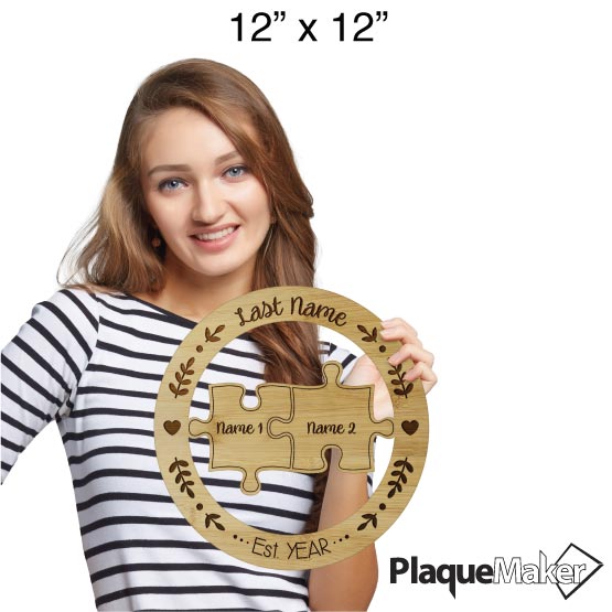 Size Guide With Happy Woman Holding Custom Bamboo Sign With Puzzle Piece Cutout For Two Family Names Inside Circle