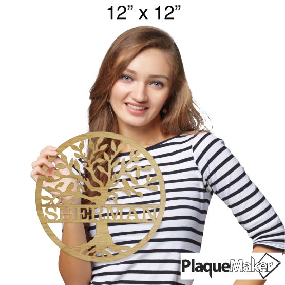 Size Guide With Happy Woman Holding Custom Circle Bamboo Sign With Detailed Cutout Of Tree And Sherman Family Name
