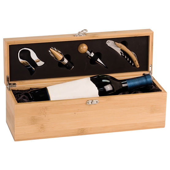 Open Custom Wine Box With Black Inserts And Unmarked Wine Bottle And Four Different Serving Tools Inside Lid