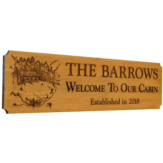 Custom Bamboo Sign With Notched Corners And Laser Engraved With Cabin Art And Name And Date And Welcome To Our Cabin Text