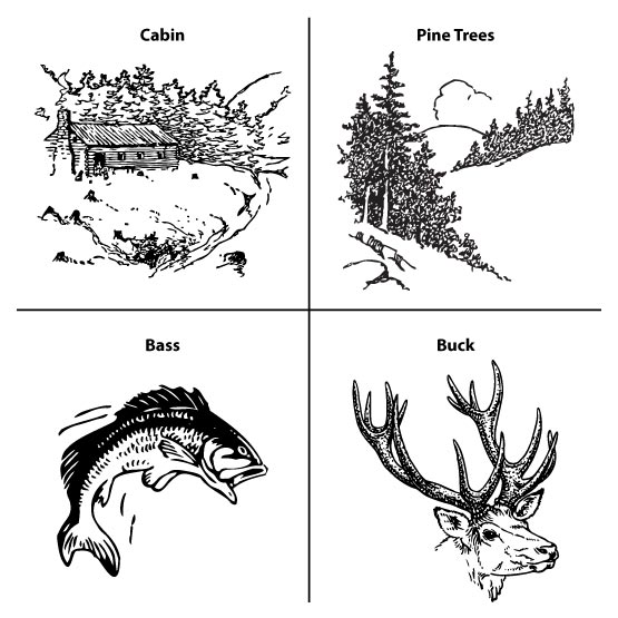 Bamboo Sign Clipart Samples For Cabin And Pine Trees And Bass And Buck Set Against A White Background