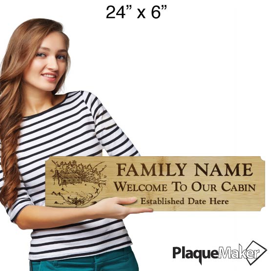 Size Guide With Happy Woman Holding Bamboo Sign Engraved With Cabin Art And Showing Customizable Areas