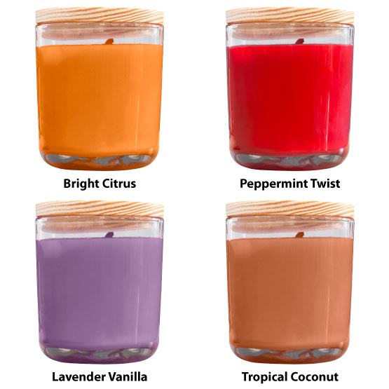 Four Soy Candle With Wood Lid Options Featuring Bright Citrus And Peppermint Twist And Lavender Vanilla And Tropical Coconut
