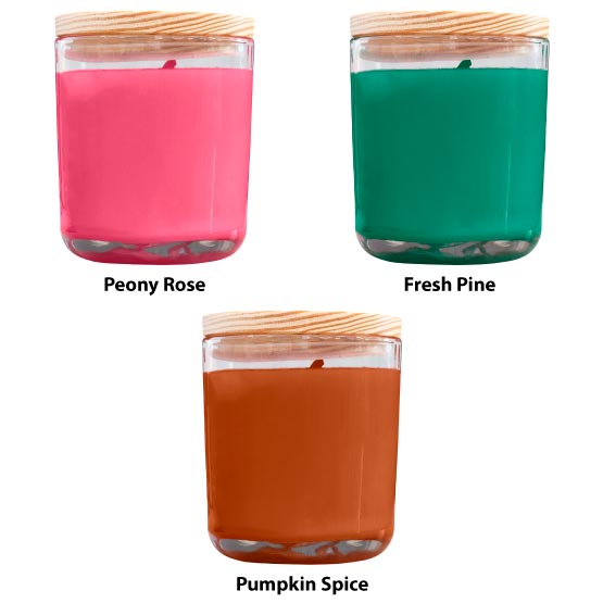 Three Soy Candle With Customizable Wood Lid Options Featuring Peony Rose And Fresh Pine And Pumpkin Spice