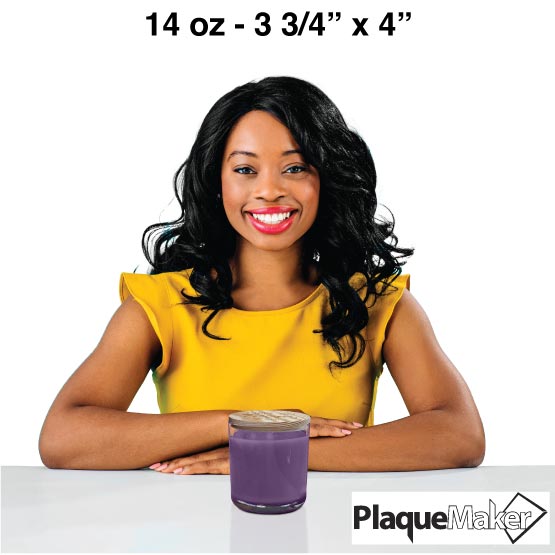 Size Guide With Happy Woman Sitting At Table Behind Soy Lavender Vanilla Candle With Laser Engraved Wood Lid