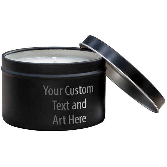 Custom Soy Candle With Black Tin Lid And Case Showing Customizable Areas For Text And Art Against A White Background