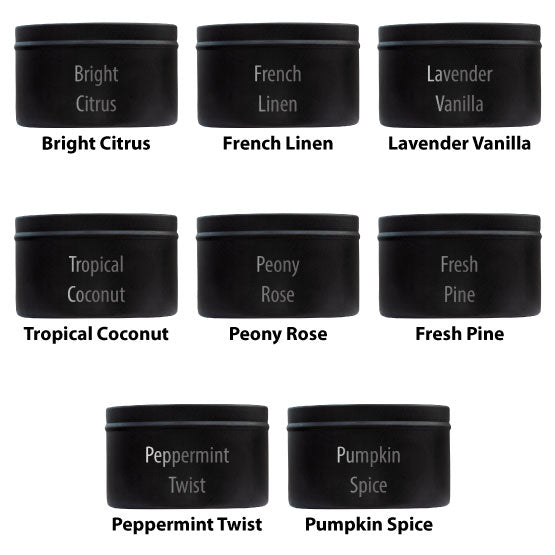 Eight Options For Custom Soy Candle With Black Tin Lid And Case From Bright Citrus To Pumpkin Spice Against White Background