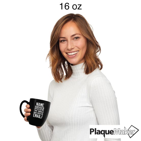 Size Guide With Happy Woman Holding Custom Black Ceramic Bistro Mug Engraved With Office Humor About Surviving A Meeting