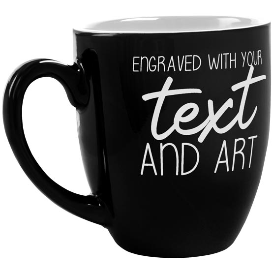 Custom Black Ceramic Bistro Mug Showing Customizable Areas For Text And Artwork Against A White Background