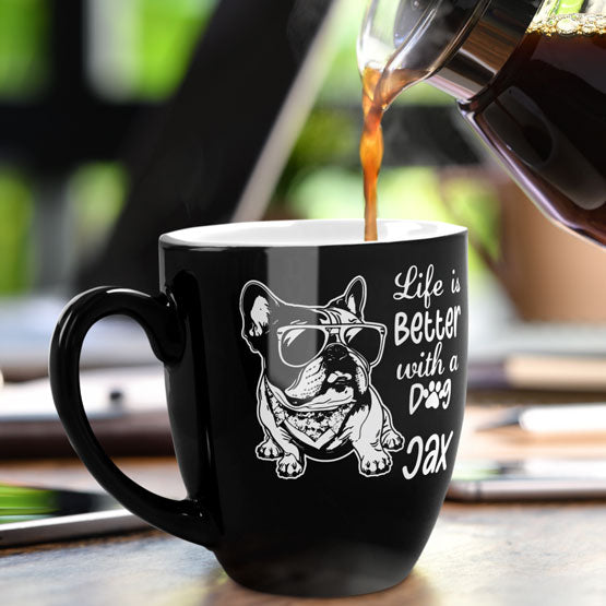 Coffee Pouring Into A Custom Black Ceramic Bistro Mug Engraved With Dog Art And Life Is Better With A Dog On A Dinner Table