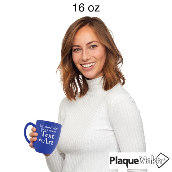 Size Guide With Happy Woman Holding Custom Blue Ceramic Bistro Mug Laser Engraved To Show Customizable Areas For Text And Art