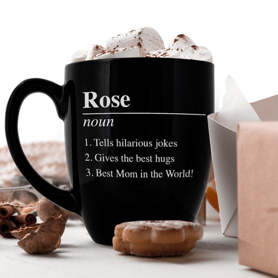 Custom Black Ceramic Bistro Mug Engraved With Rose And Three Character Traits Full Of Marshmallows On A Table With Desserts