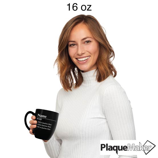 Size Guide With Happy Woman Holding Custom Black Ceramic Bistro Mug Engraved To Show Customizable Name And Trait Areas