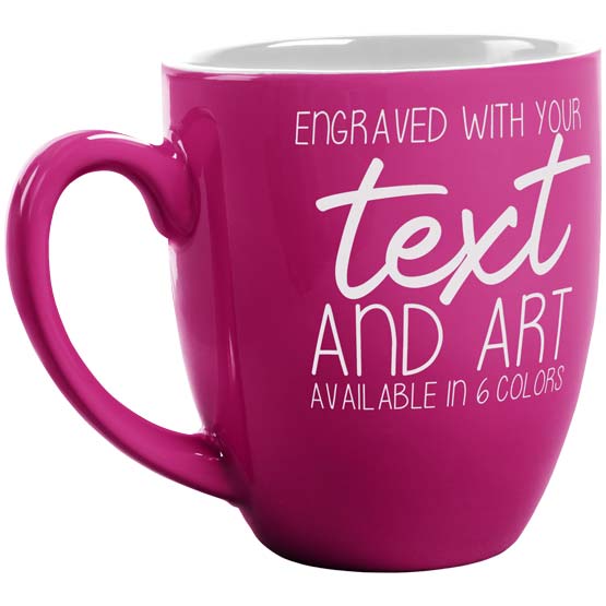 Custom Pink Ceramic Bistro Mug Laser Engraved To Show Customizable Areas For Text And Art Against A White Background