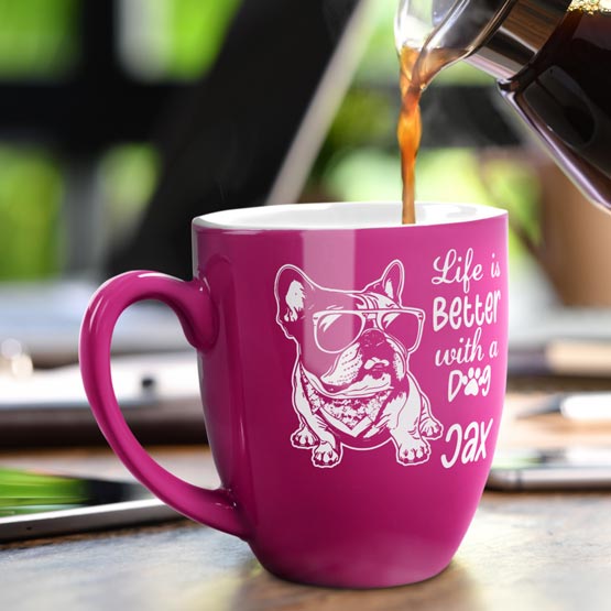 Coffee Pouring Into Custom Pink Ceramic Bistro Mug Engraved With Dog Art And Life Is Better With A Dog On A Dinner Table