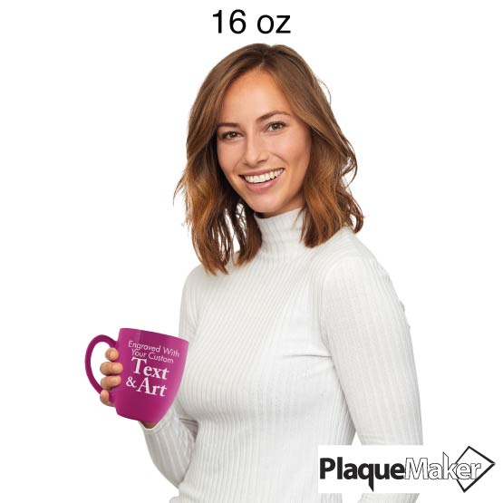 Size Guide With Happy Woman Holding Custom Pink Ceramic Bistro Mug Engraved To Show Customizable Areas For Text And Art