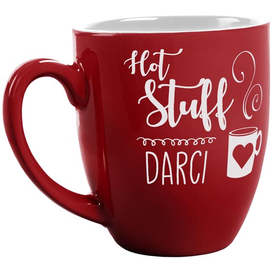 Custom Red Ceramic Bistro Mug Engraved With Hot Stuff And Steaming Mug Art And Darci Against A White Background