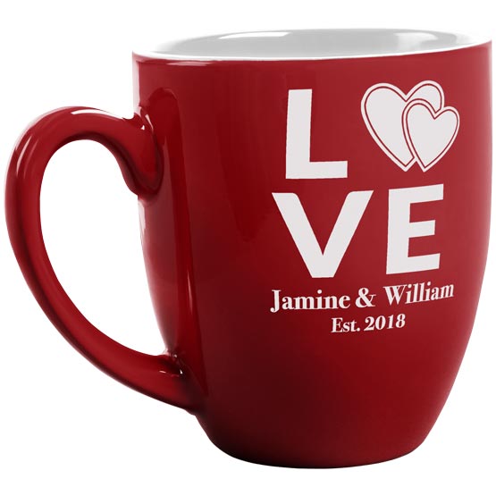 Custom Red Ceramic Bistro Mug Laser Engraved With Hearts Inside The Word Love And Couple Names And Established Date