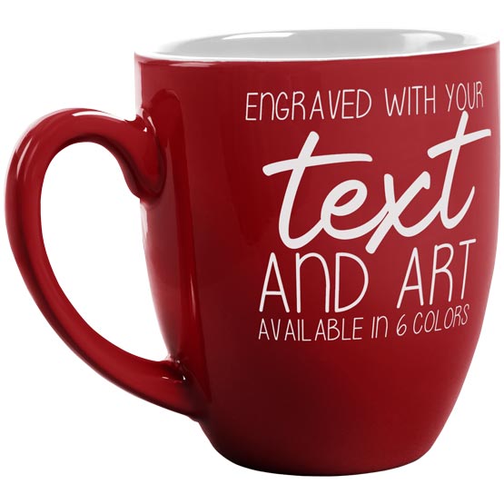 Custom Red Ceramic Bistro Mug Laser Engraved To Show Customizable Areas For Text And Art Against A White Background