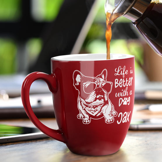 Coffee Pouring Into Custom Red Ceramic Bistro Mug Engraved With Dog Art And Life Is Better With A Dog On A Dinner Table