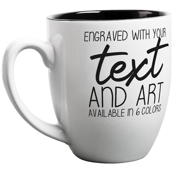 Custom White Ceramic Bistro Mug Laser Engraved To Show Customizable Areas For Text And Art Against A White Background