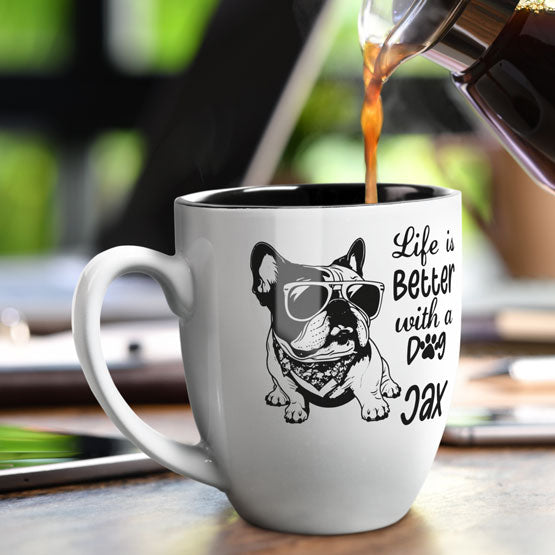 Coffee Pouring Into Custom White Ceramic Bistro Mug Engraved With Dog Art And Life Is Better With A Dog On A Dinner Table