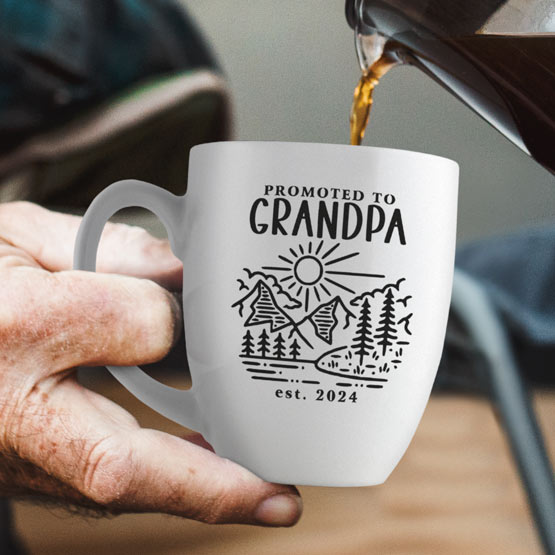 Man Hand Pouring Coffee Into Custom White Ceramic Bistro Mug Engraved With Nature Art And Promoted To Grandpa Text