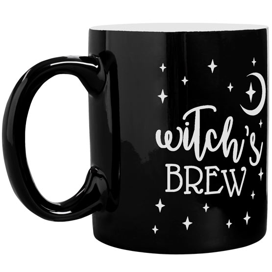 Custom Black Coffee Mug Laser Engraved With Star And Moon Artwork And Witch’s Brew Text Against A White Background