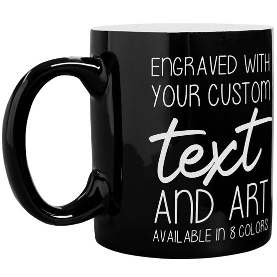 Custom Black Ceramic Coffee Mug Laser Engraved To Show Customizable Areas For Text And Art And Color Availability