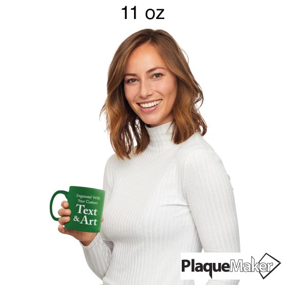 Size Guide With Happy Woman Holding Custom Green Coffee Mug Laser Engraved To Show Customizable Areas For Text And Art