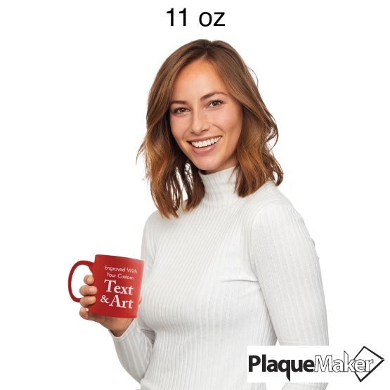 Size Guide With Happy Woman Holding Custom Orange Coffee Mug Engraved To Show Customizable Areas For Text And Art