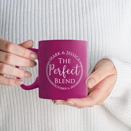Woman Hands Holding Custom Pink Coffee Mug Engraved With Couple Names And The Perfect Blend Text And Date