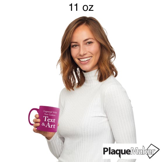 Size Guide With Happy Woman Holding Custom Pink Coffee Mug Engraved To Show Customizable Areas For Text And Art