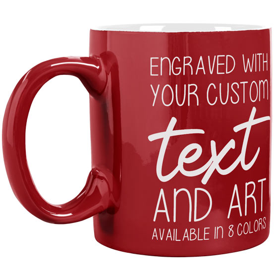 Custom Red Coffee Mug Laser Engraved To Show Customizable Areas For Text And Art Against A White Background