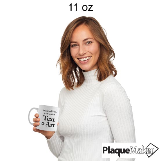 Size Guide With Happy Woman Holding Custom White Coffee Mug Laser Engraved To Show Customizable Areas For Text And Art