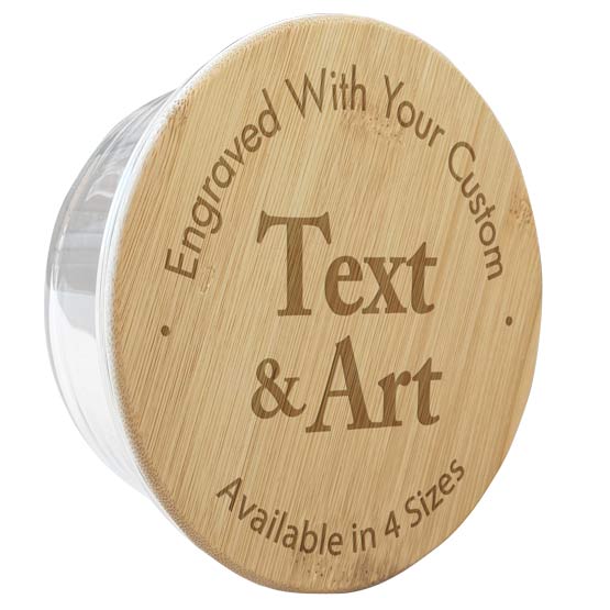 Custom Round Glass Baking Dish With Bamboo Lid Laser Engraved To Show Size Options And Customizable Areas For Text And Art