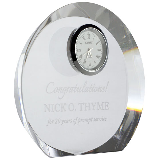 Custom Circle Glass Clock With Freestanding Design And Engraved With Years Of Service Appreciation Message And Name