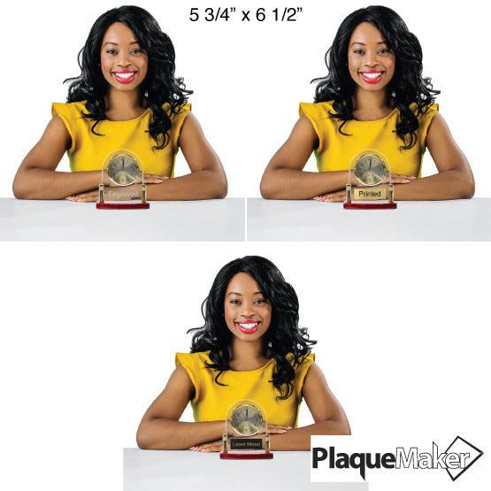 Size Guide With Happy Woman Sitting Behind Three Different Options Of Arch Shaped Glass Desk Clock With Rosewood Base