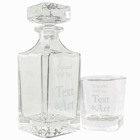 Custom Glass Decanter With Stopper Beside Matching Rocks Glass Showing Customizable Areas For Text And Art On Both