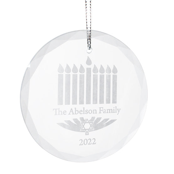 Custom Circle Glass Ornament With Silver String And Engraved With Date And The Abelson Family Inside Menorah