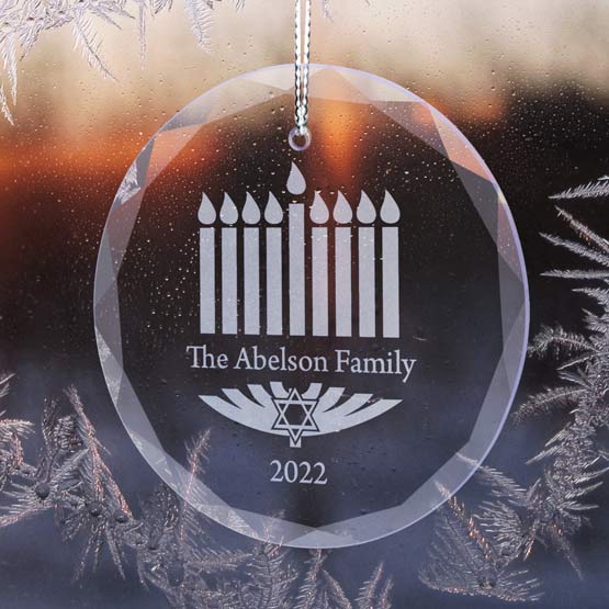 Custom Circle Glass Ornament Engraved With Date And The Abelson Family Text Inside Menorah Art Hanging Near Window