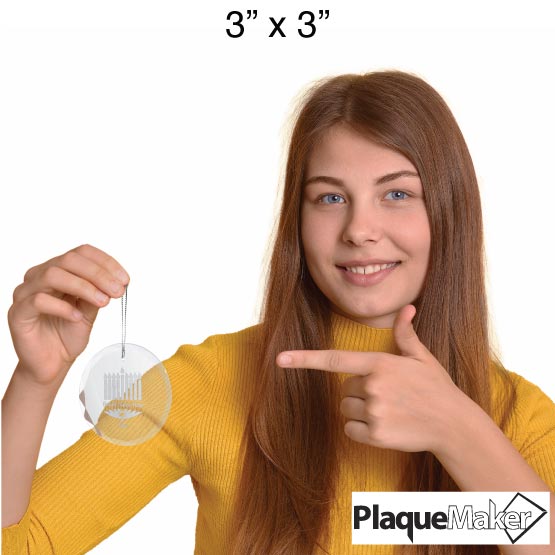 Size Guide With Woman Holding And Pointing To Custom Circle Glass Ornament Engraved With Menorah Art And Customizable Areas