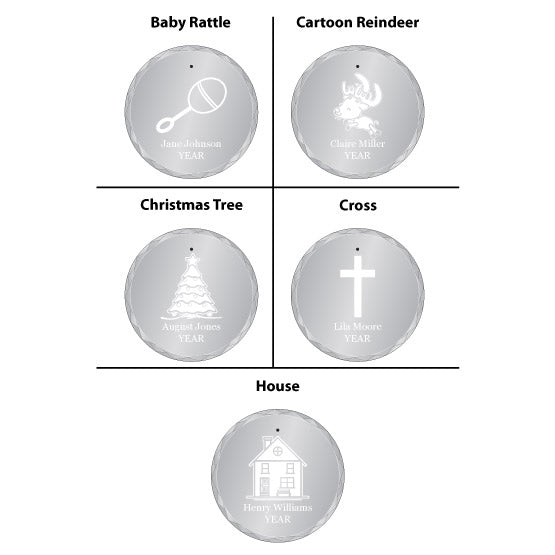 Sample Designs Of Baby Rattle Or Cartoon Reindeer Or Christmas Tree Or Cross Or House For Circle Glass Christmas Ornament